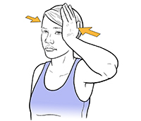 Woman holding hand to side of head doing neck isometric exercise.